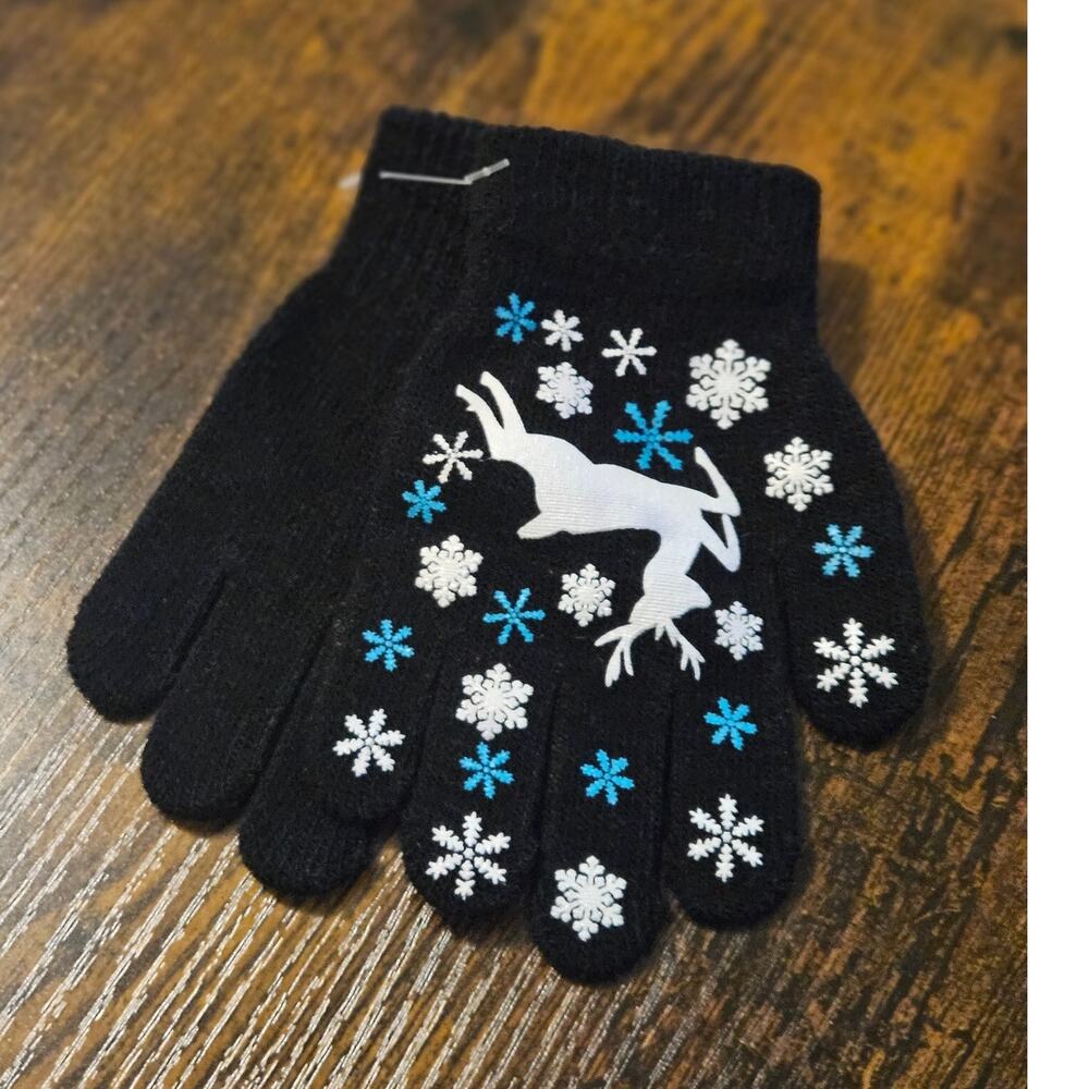 Boutique Black Kids Winter Gloves w/ White Reindeer & Snowflake Design